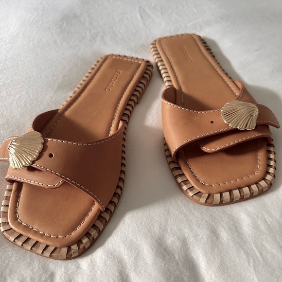 FARM Rio Shoes - FARM Rio Tan Slide Sandals with Gold Shell Accent